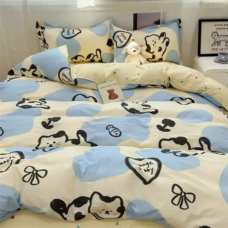 Fashion Duvet Cover Set No Filler Flat Sheet Pillowcases Boys Girls Cute Twin Queen Size Ins Spring New Bedding Linen