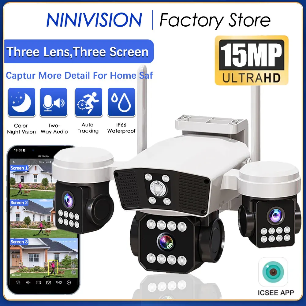 

Three Lenses Triple Screens Wifi PTZ Camera Home Waterproof ICsee Xmeye 15MP Outdoor Wireless Cctv Security Full Color IP Camera