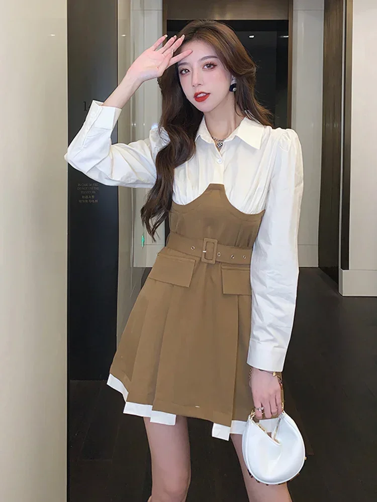 Spring Autumn Niche Design Contrast Color Long-sleeved Dress Women\'s French Waist Shirt Dress Women Vestidos D1733