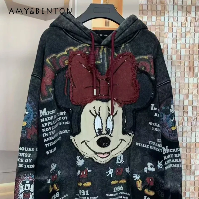 

Heavy Industry New Winter Embroidery Fleece Full Print Cartoon Sweatshirts Loose Fashion Thickened Hooded Jacket Pullover Ladies