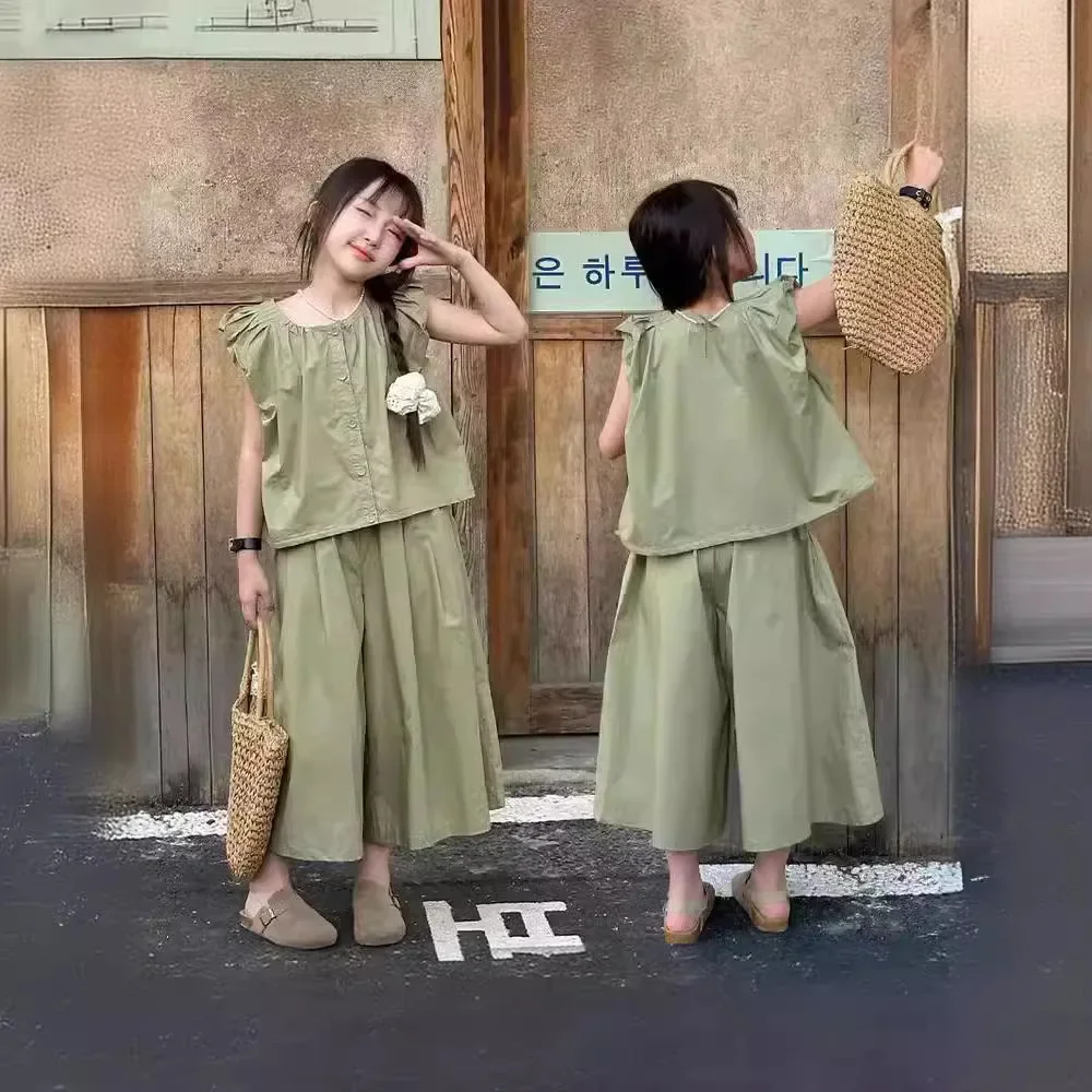 Girls Suits 2024 New Cotton Sleeveless Blouse Seven Points Wide Leg Pants Two-piece Set Korean Simple Style Fashion Clothes