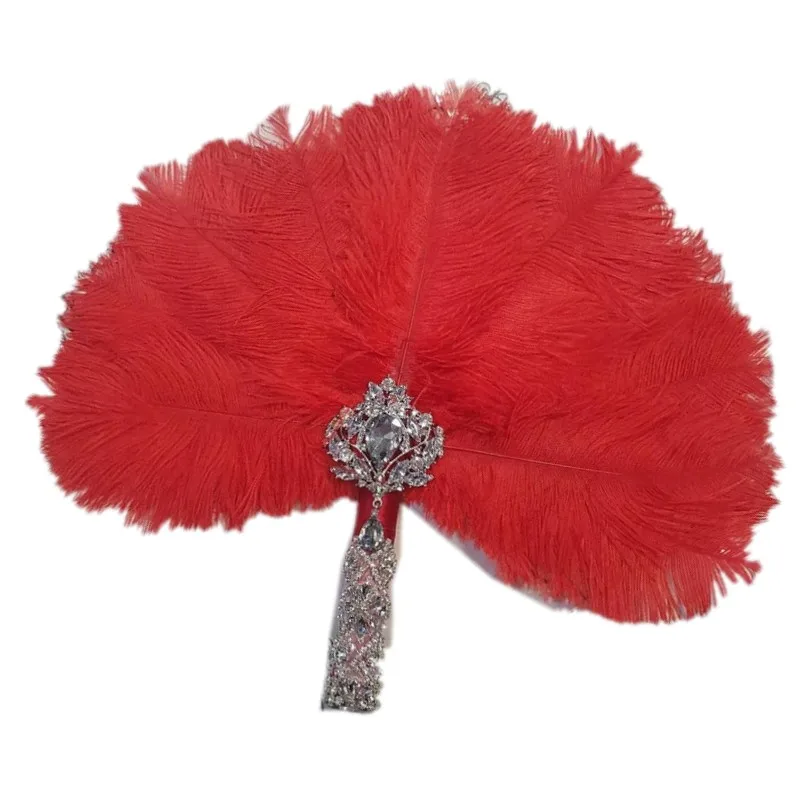 PEORCHID Red Ostrich Feather Fan Luxury Crystal Alternative Bridal Bouquet Great Gatsby Wedding Style Boho Bouquet 2023