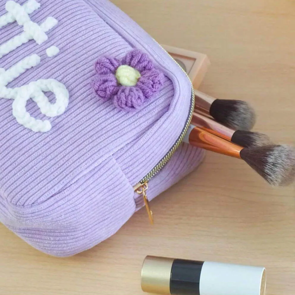 Personalised Corduroy Makeup Bag Custom Name Travel Toiletry Pouch_voghion.com