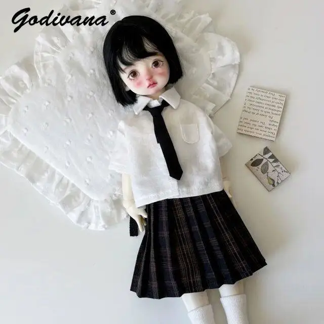 1/3 1/4 1/6 BJD Doll JK School Uniform Set White Shirt and Striped Tie Plaid Pleated Midi Skirt Preppy Style Doll Outfit