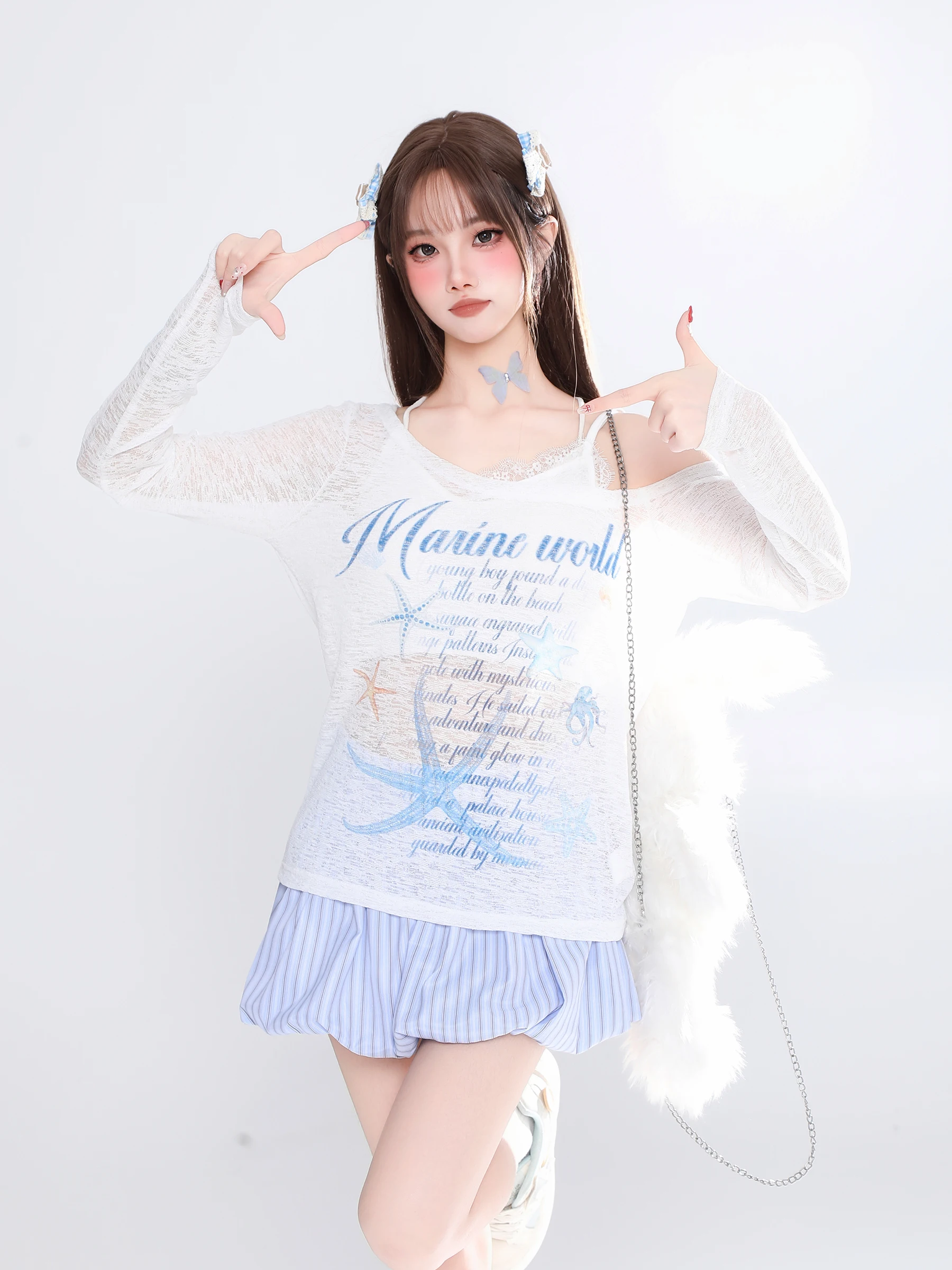 Basterds Women's Long Sleeve T-Shirt Cover up Printed Starfish Letter Micro See through Shoulder Casual Summer Fashion