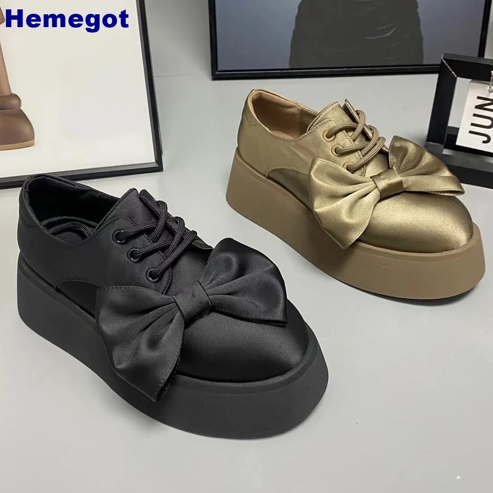 

Platform Bowknot Satin Pumps 2024 Summer Casual British Style Round Toe Lace-Up Leather Shoes Black Fashion Ladies Pumps