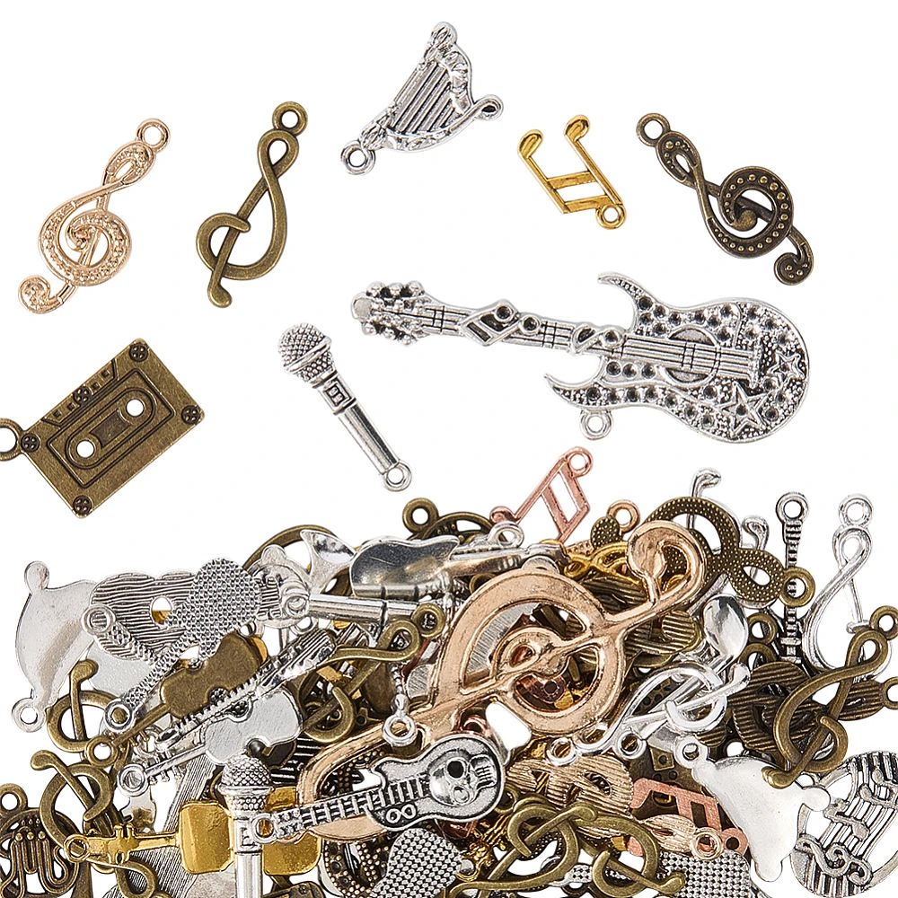 1 Box 100g Gold Music Note Charms Bulk Musical Instrument Charm Alloy Silver Bronze Microphone Tape Guitar Charms for Jewelry