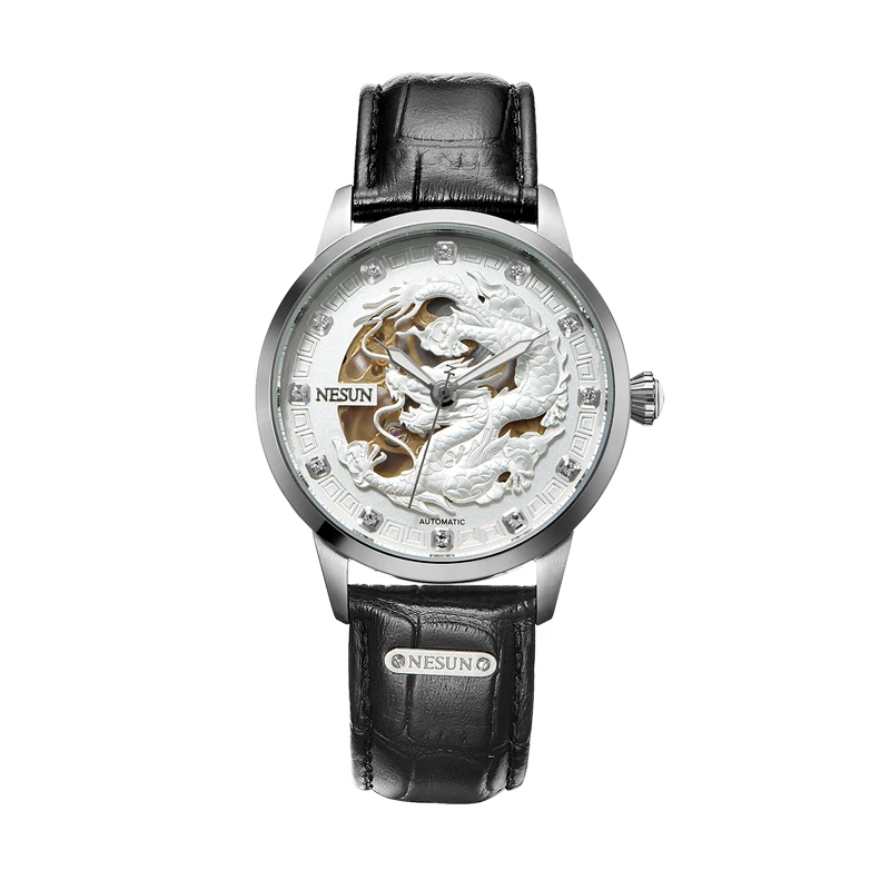 NESUN Luxury Automatic Mechanical Men's Watch Dragon Relief Sapphire Crystal Luminous Hands Waterproof Leather Strap Clock N9306