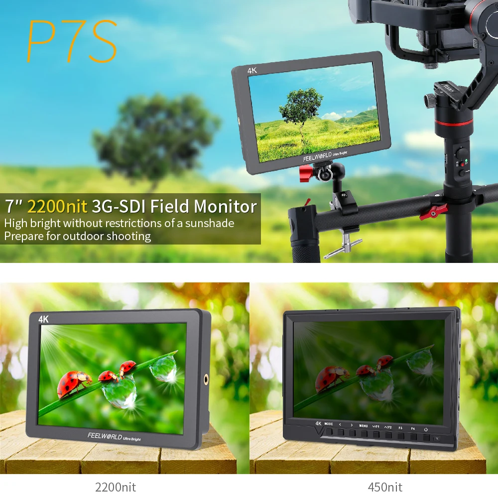 FEELWORLD P7S 7 Inch 2200nit Ultra Bright 3G-SDI on Camera Field DSLR Monitor Aluminum Design Focus Assist  4K HDMI DC Output