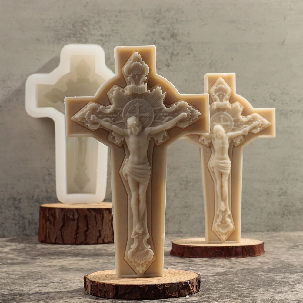 Holy Jesus Cross Candle Silicone Mold Western Mythology Cross Jesus Statue Epoxy Resin Silicone Mold Jesus Concrete Gypsum Molds