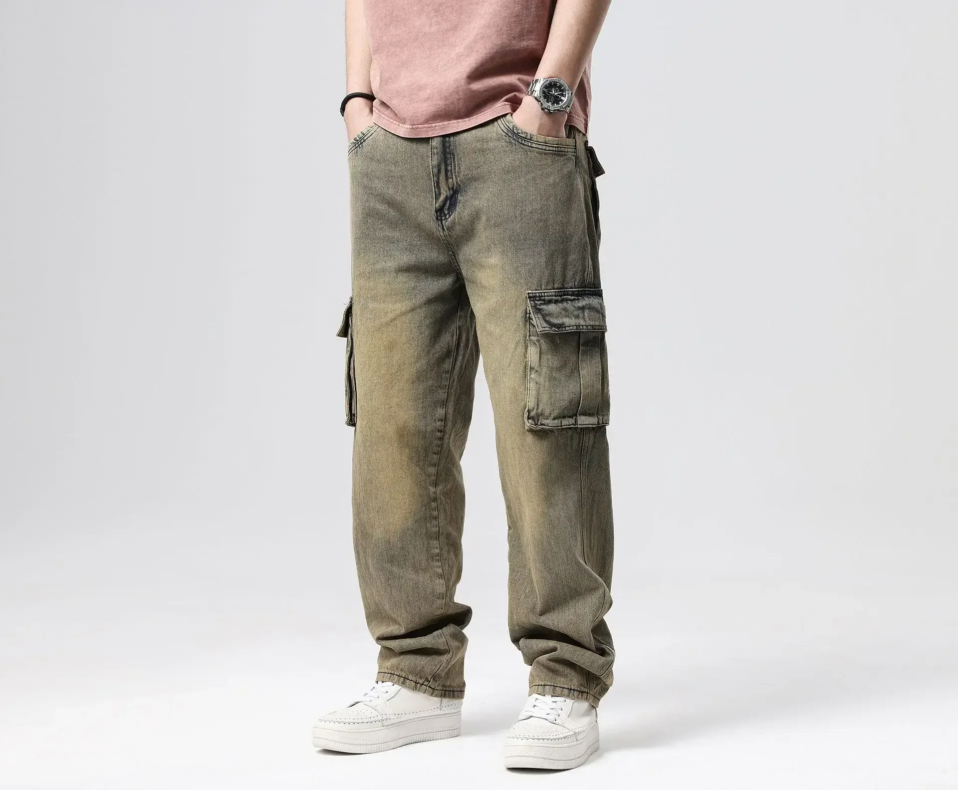 Distressed กางเกงยีนส์ผู้ชาย Baggy ตรงกางเกงเอวสูงหลายกระเป๋าล้างข้อเท้าความยาวกางเกง Denims 2024 ฤดูใบไม้ร่วง Streetwear