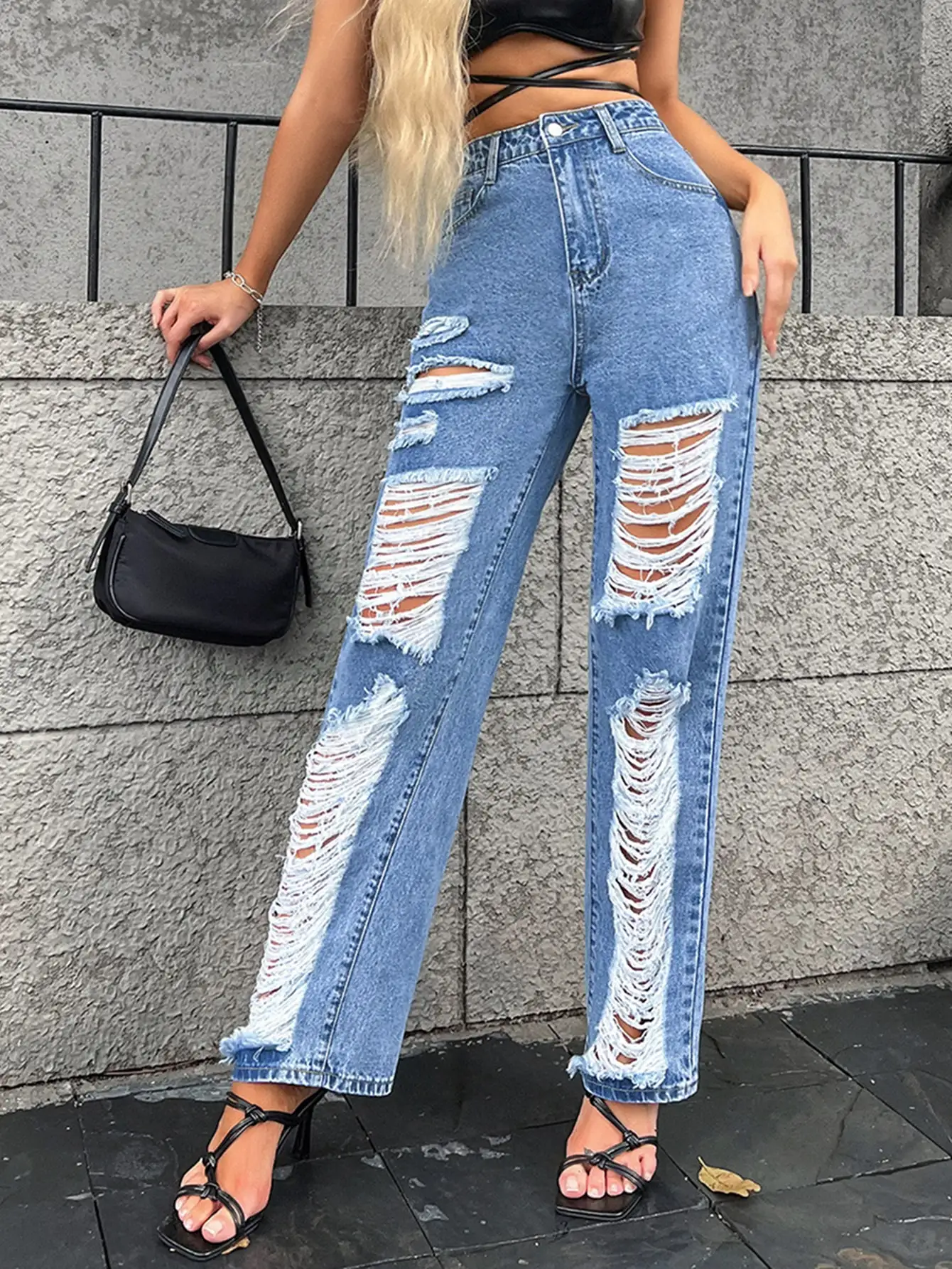 Women's Jeans New High Waist Commuter Street Fashion Washable Perforated Elastic Free Denim Straight Leg Pants