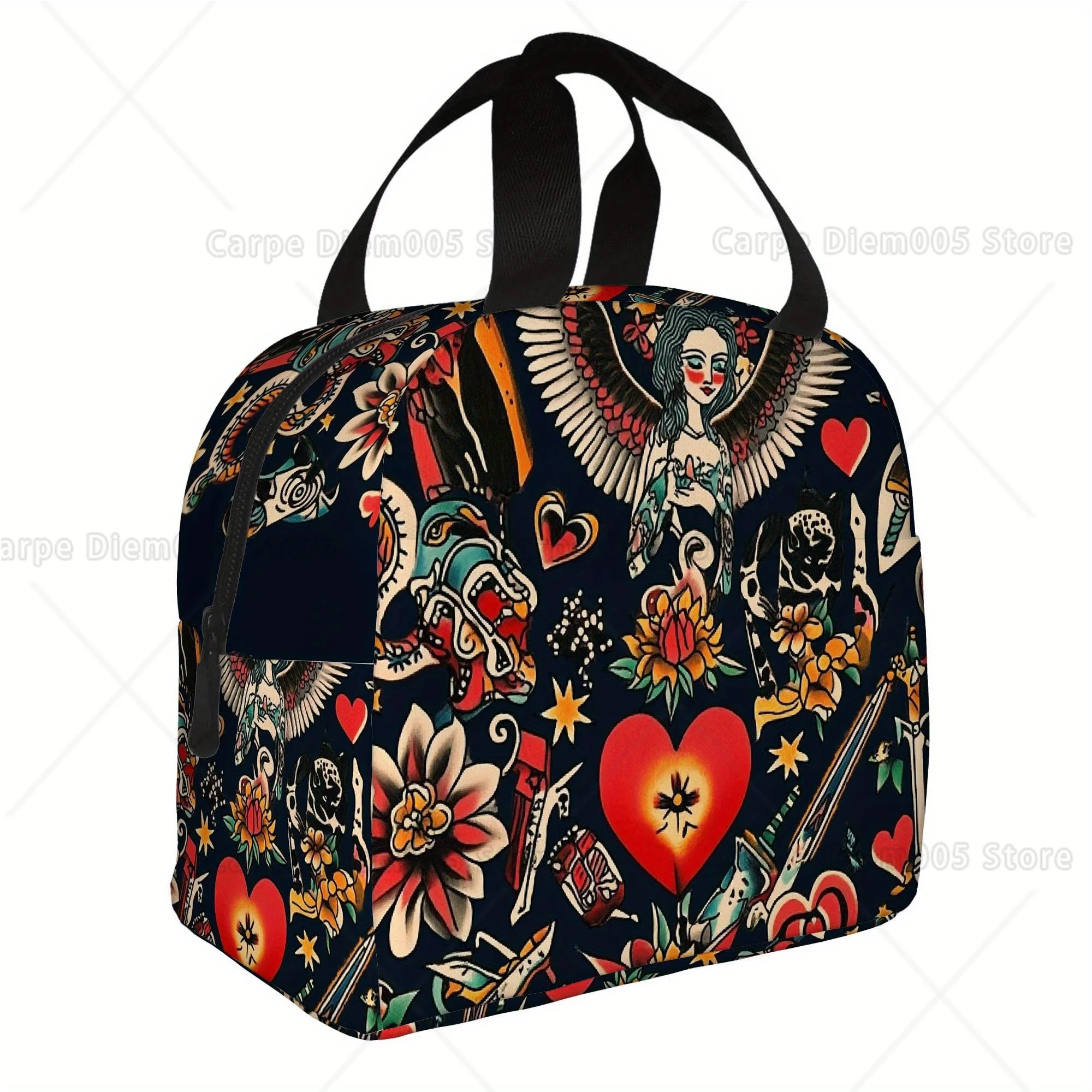 

1 шт., коллаж с изображением татуировок в ярких цветах. Термоизоляционная сумка с принтом, изолированная сумка. Не предназначено для прямого контакта с пищевыми продуктами.