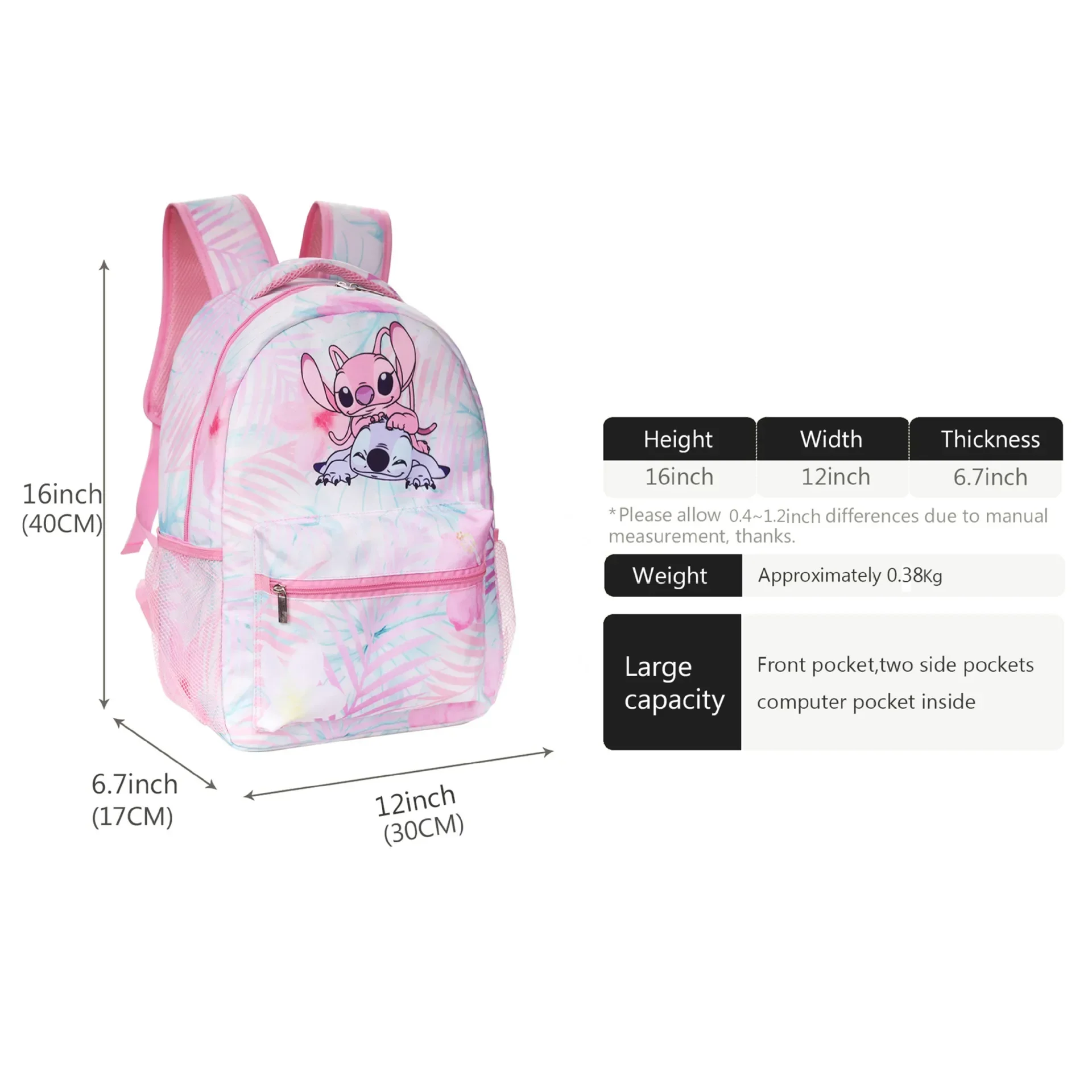 Disney-Stitch Primary and Secondary School Student Backpack for Children, Lightweight Initiated Bag Set, 3 Pcs Set, Nouveau