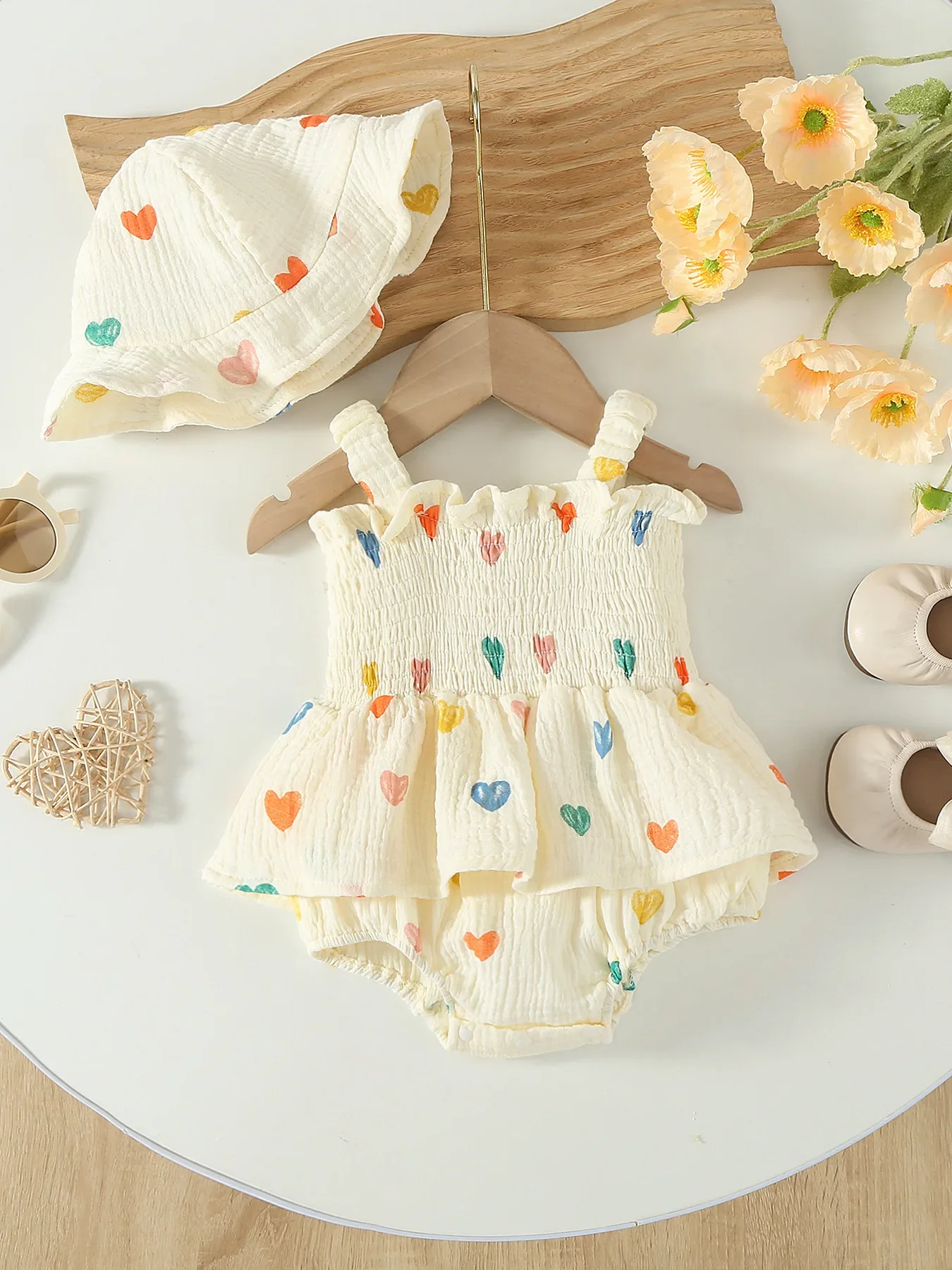 

3-18M Pastel Heart Print Korean Style 2Pcs Baby Girl Romper Dress Set Matching Hat Soft Skin Friendly Cute Infant Bodysuit