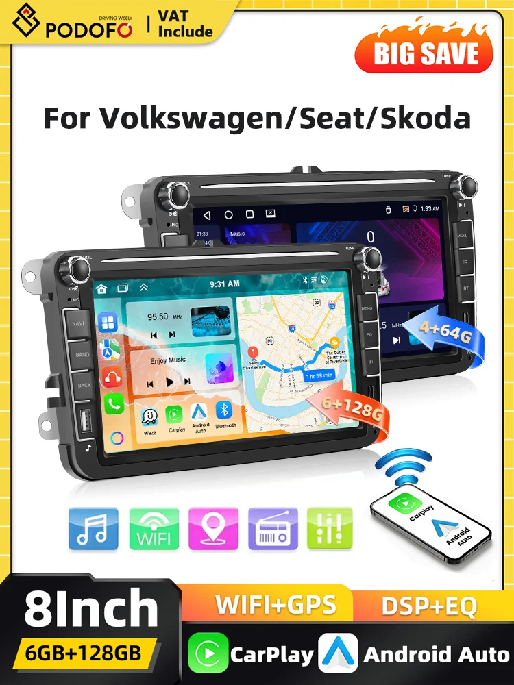 Podofo 8 inch GPS 6+128GB 2DIN autoradio voor VW Volkswagen SAGITAR JATTA JETTA Seat Altea Carplay FM/RDS Android Auto Mirror Link BT - afbeelding 2