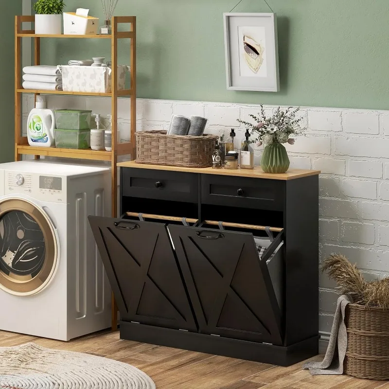 Out Laundry Hamper Cabinet with 2 Removable Baskets and 2 Drawers, Bathroom Storage Cabinet or Trash Can Cabinet