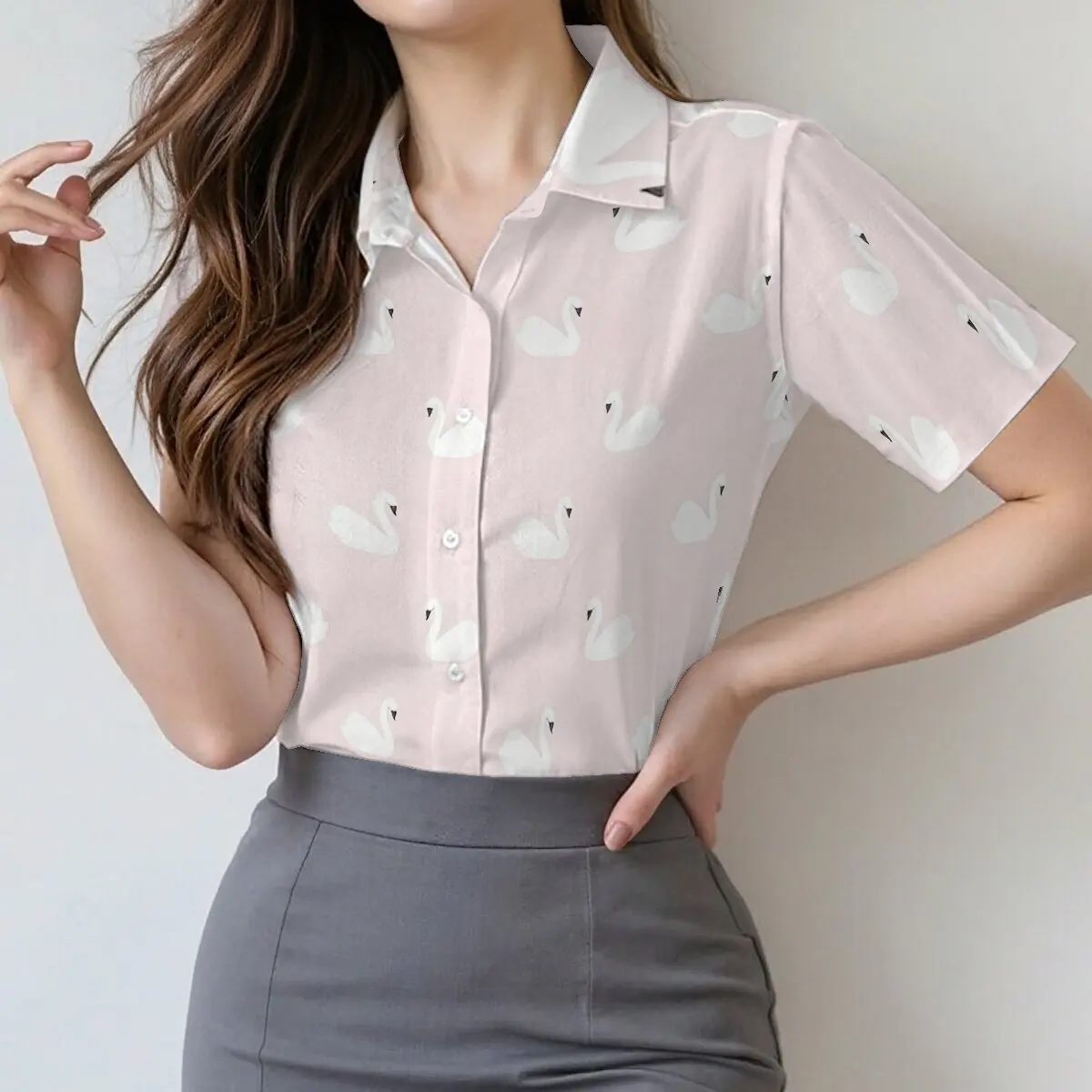 

Simple and personalized swan print women's short sleeved lapel shirt, summer fashion, daily versatile casual top