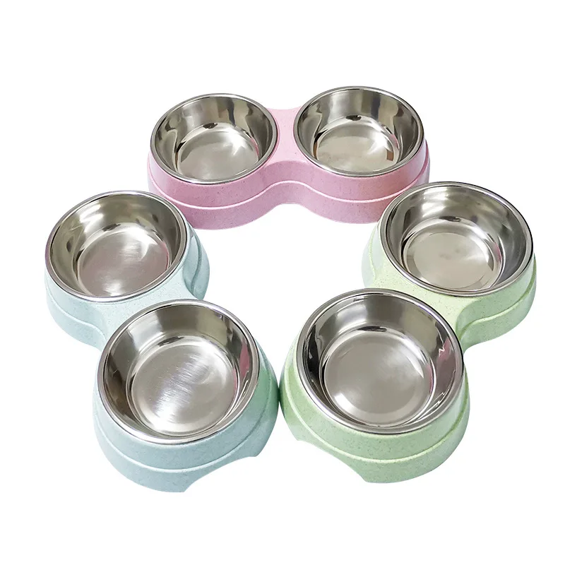 Double Pet Bowls Cat Feeder Water Feeder Round Stainless Steel Drinking Dish Feeder Cat Puppy Feeding Supplies Cat Accessories