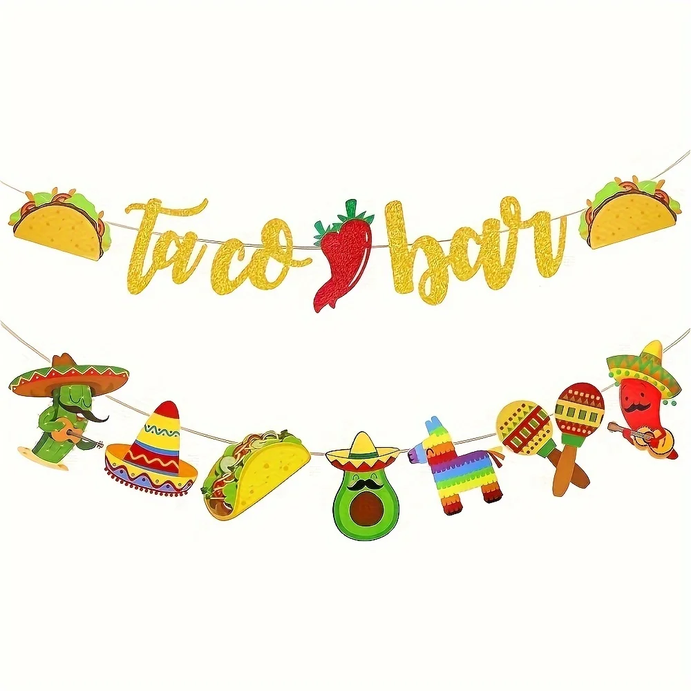 Fiesta Taco Bar Banner Garland 2 set Fiesta Mexicana Banner de Fiesta con Cactus Burro Maraca Sombrero Taco Pimienta para Mexicano
