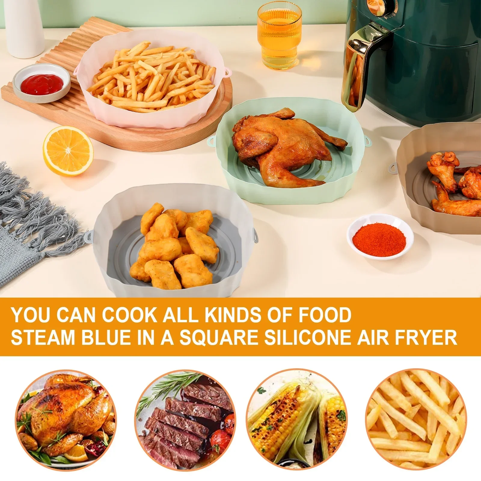 1pc Air Fryer Silicone Basket Silicone Mold Airfryer Oven Baking Tray Pizza Fried Chicken Basket Reusable Pan Liner Accessories