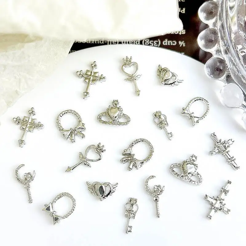 30PCS Minimalist Cross Heart Sceptre Nail Charms Alloy Luxury Gold Silver Key Crown Nail Art Decoration Accessories DIY Manicure