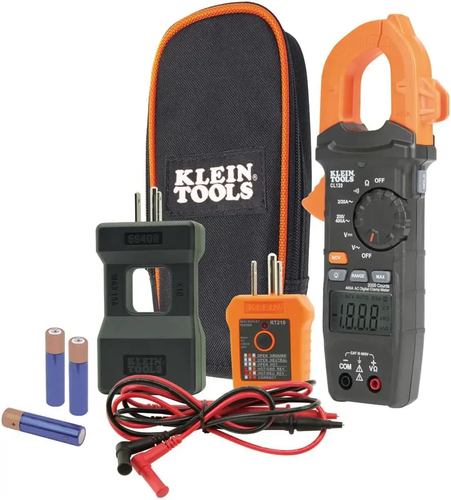 Auto-Ranging Clamp Meter Kit with GFCI Tester, Line Splitter, and Pouch for Electrical Testing