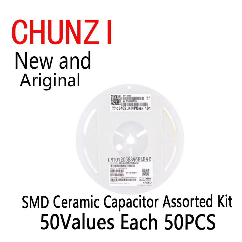 2500pcs=50Values*50PCS SMD Ceramic Capacitor Assorted Kit Chip Ceramic Capacitor Samples Kit 0402 1pF~10uF
