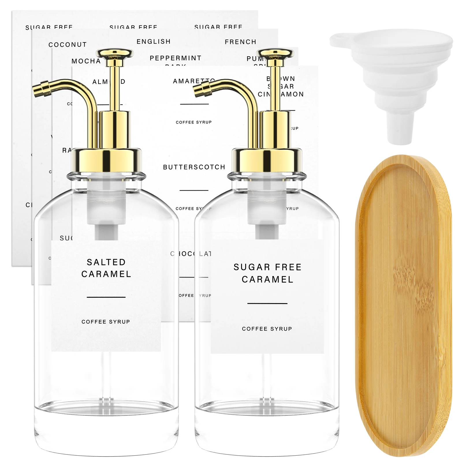 2Pcs Coffee Syrup Dispenser Set with Bamboo Tray Reusable Glass Syrup Bottle with Labels Funnel Clear Syrup Pump Dispenser