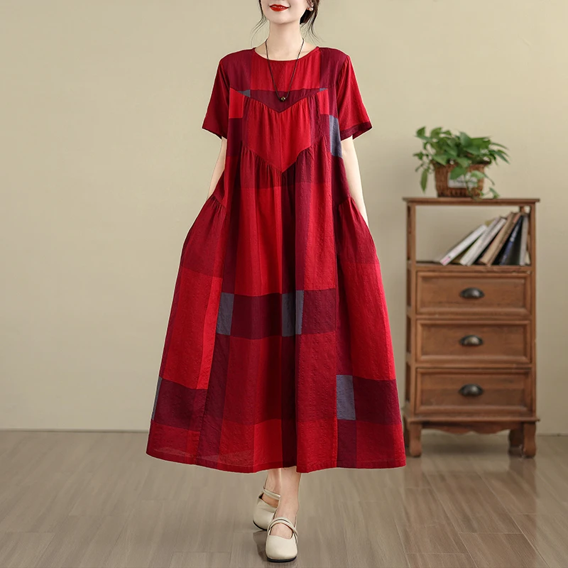 

Summer New Retro Cotton Linen Print round Ne ort Sve Dr Women Loose plus Size Slimming Splice High Waist A-Line Skirt