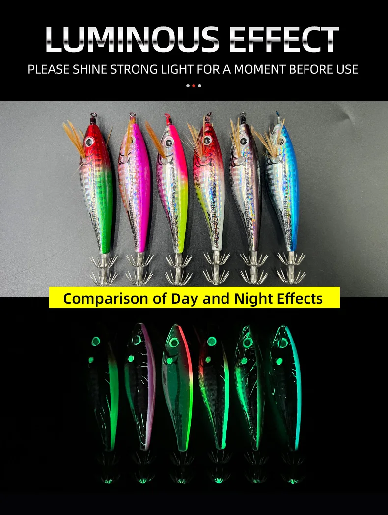 ShareShark 6 Stück/Beutel Laser Horizontaler Garnelen-Tintenfisch-Haken Künstlicher Köder Leuchtend im Dunkeln mit Rasselkugel Meeresfischerei-Köder – Detail 3