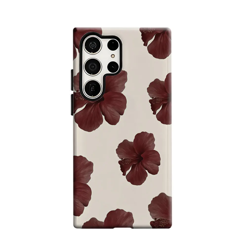 CaseLumi Phone Case For Samsung Galaxy S25 S24 S23 Ultra Plus HD Hard Burgundy Hibiscus Blooms Double Layer Cover Film Shell