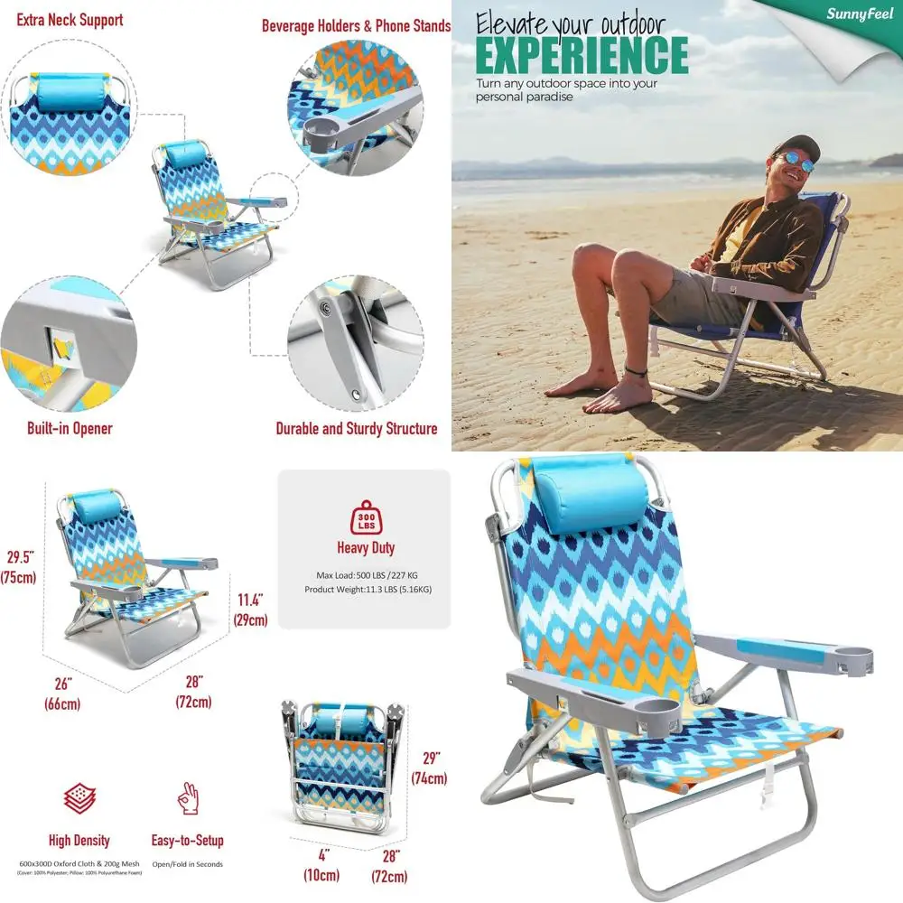 

Extra Wide 28 Adjustable Beach Chair with 5 Positions, XL Portable Camping Chair with Cup Holder, Lightweight Folding Backpack S