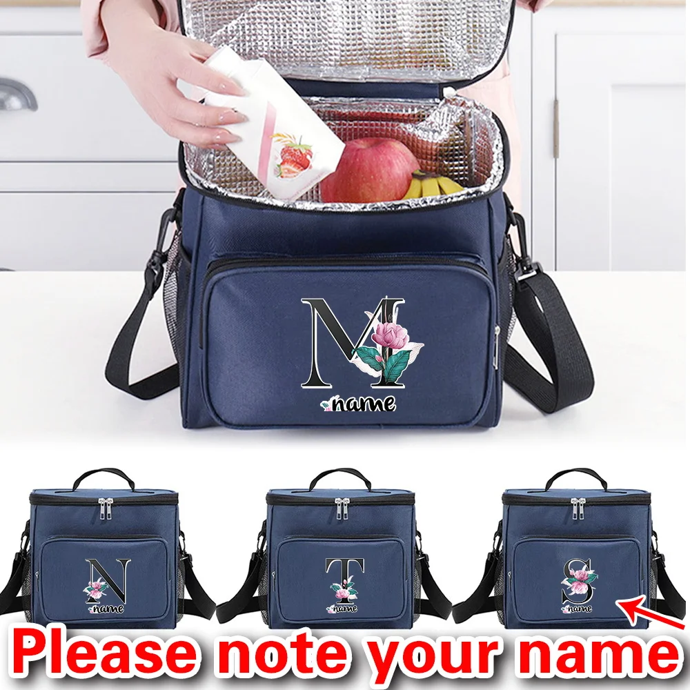 

Customizable Name Blue Lunch Bag Insulated Handbag Black Letter Series Multi Functional Picnic Lunch Box Waterproof Lunch Box
