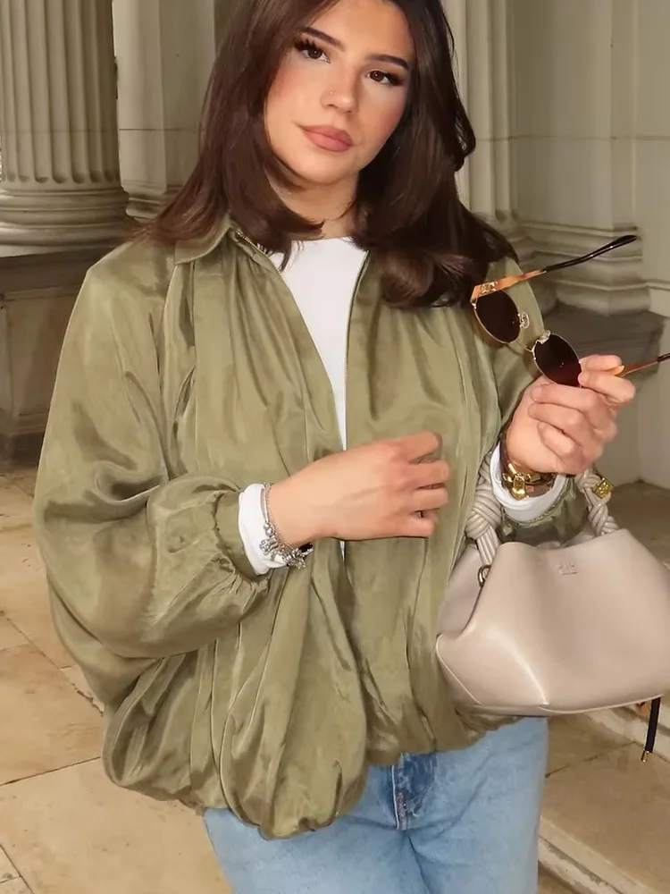 

HH 2025 модное женское повседневное однотонное пальто на молнии, весеннее женское плиссированное пальто с рукавами «летучая мышь» и лацканами, свободная куртка, топ Mujer