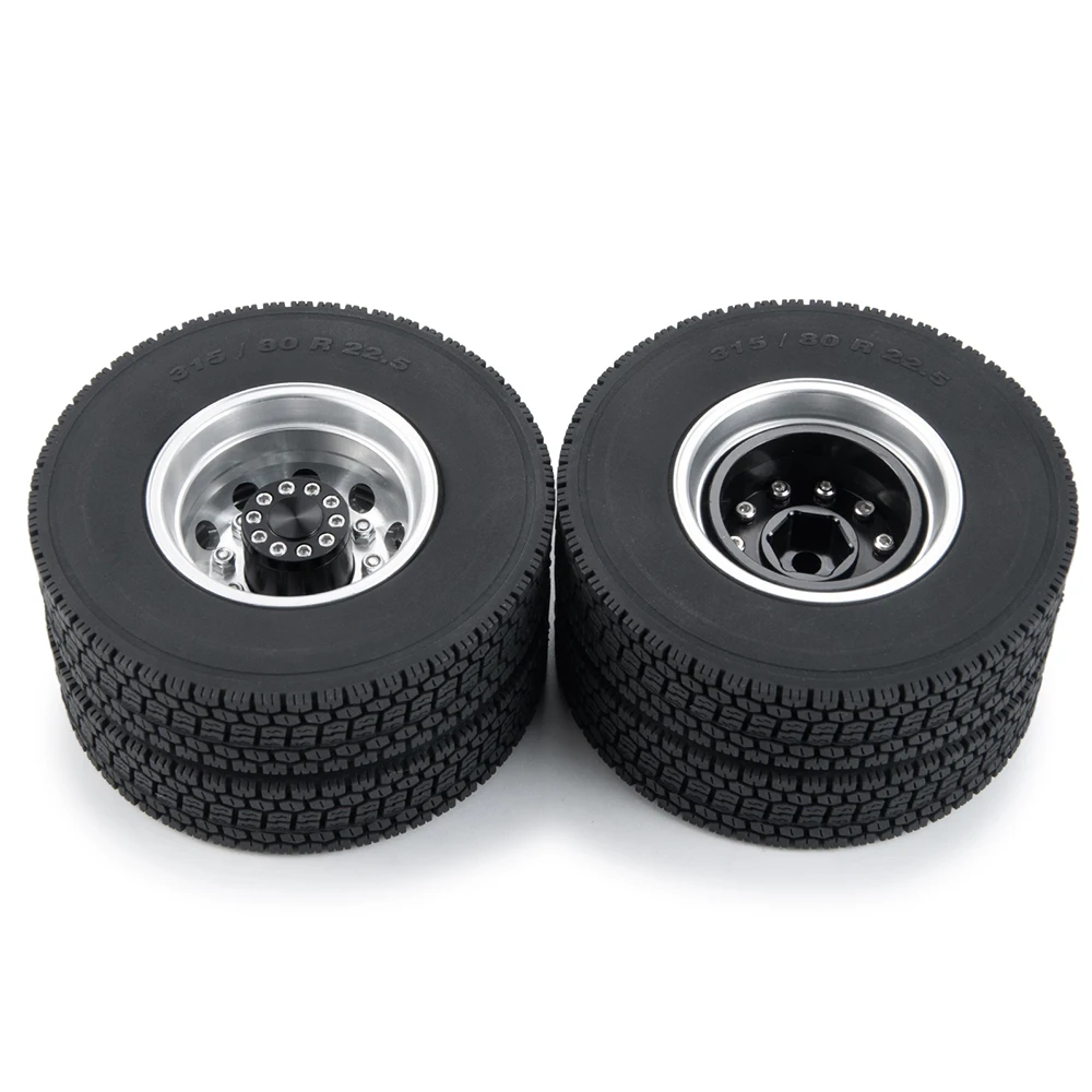 TRINOOD Aluminum Alloy Rear Wheel Hub & Rubber Tyres Kit for 1/14 Tamiya RC Tractor Truck Trailer Car Wheels Tires Upgrade Parts