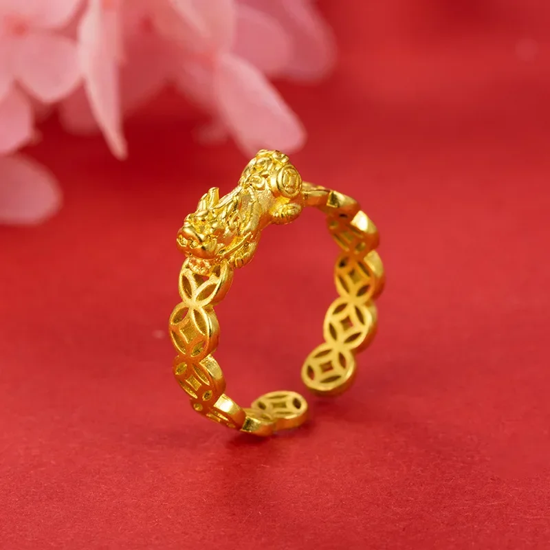 

24k True Gold Color Ring Women's Solid Lucky Ring Open Jewelry Engagement Wedding Birthday Resizable Gold Finger Rings for Women