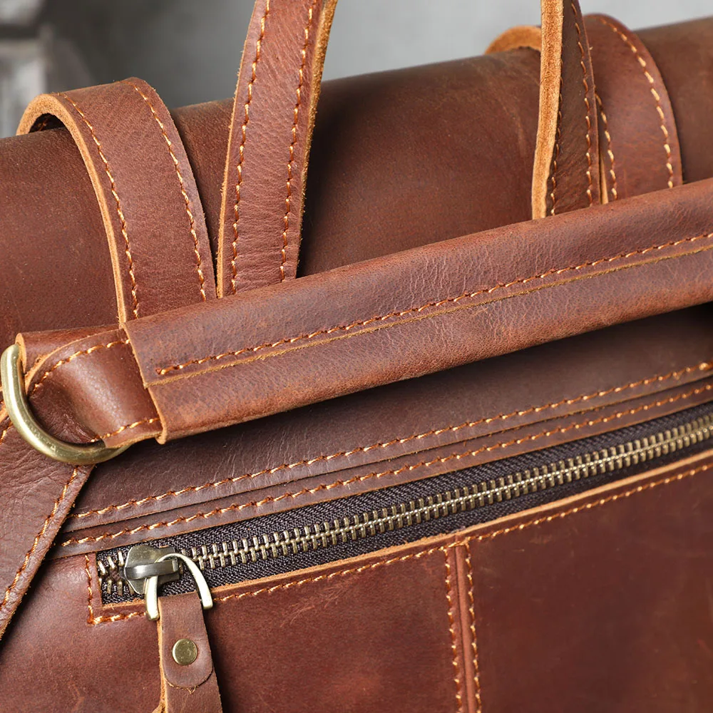 S.WORKER Vintage-Rucksack aus echtem Leder, Unisex, lässig, Preppy-Schultasche, Crazy Horse-Rindsledertasche, Umhängetasche – Detail 12