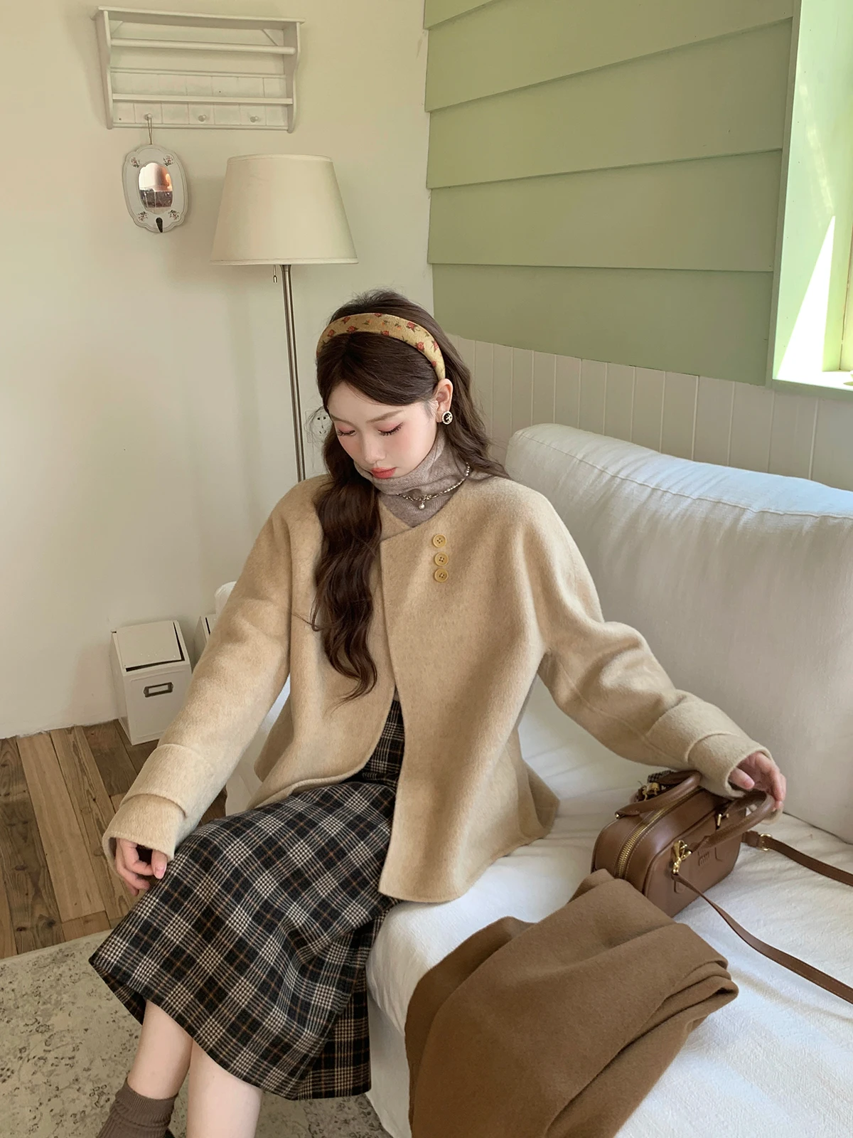 

Юбка DbyDoi в клетку с завышенной талией из утолщенной шерсти, женская, осенне-зимняя, прямого кроя, средней длины, стройнящая, винтажная