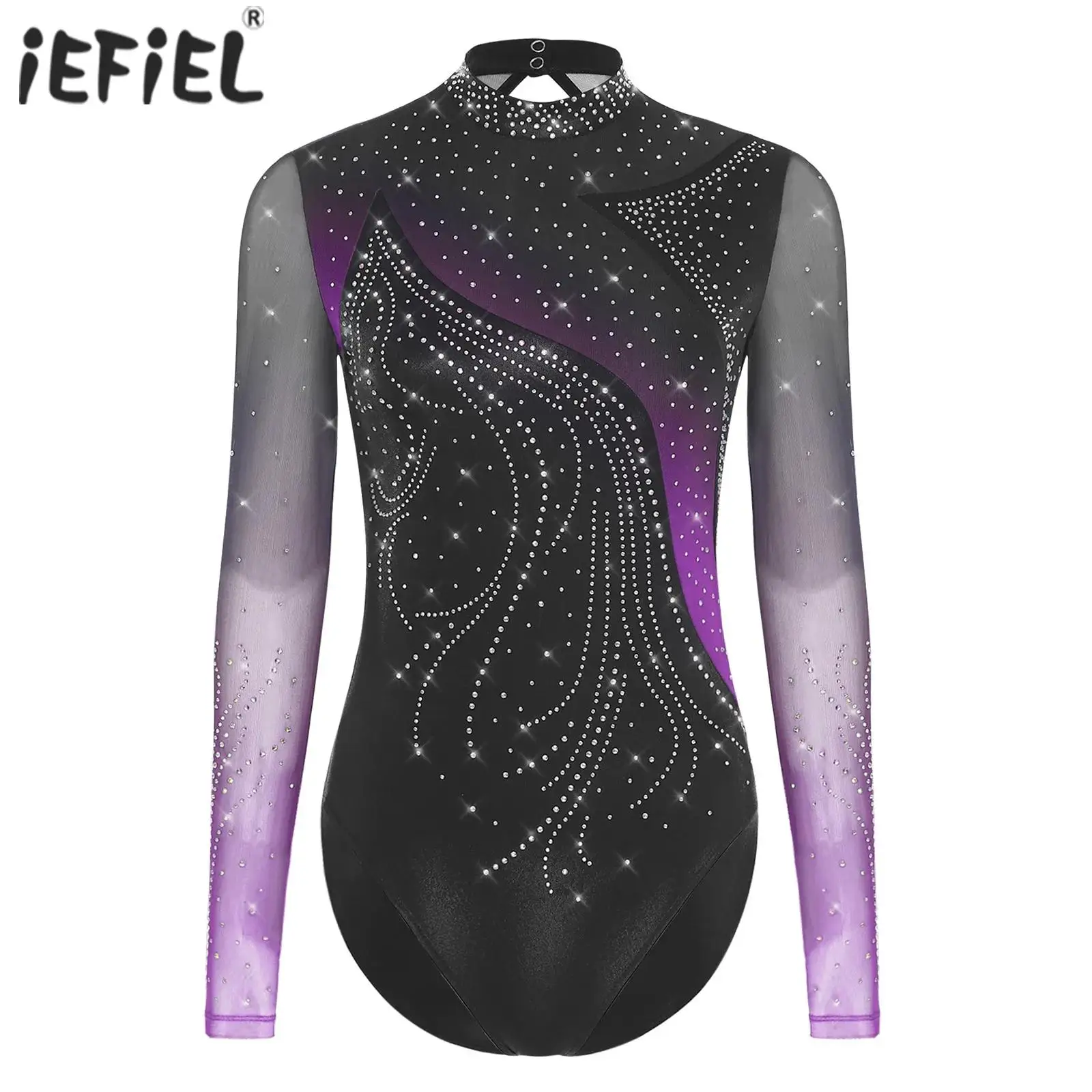 レディースフィギュアスケートダンスレオタードラインストーン長袖流線型スプライス中空ボディスーツバレエ体操トレーニング用