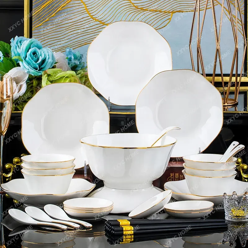 Gold Outline Lotus Bone China Tableware Ceramic Tableware Bowl Dish Plate Soup Bowl High-End Entry Lux