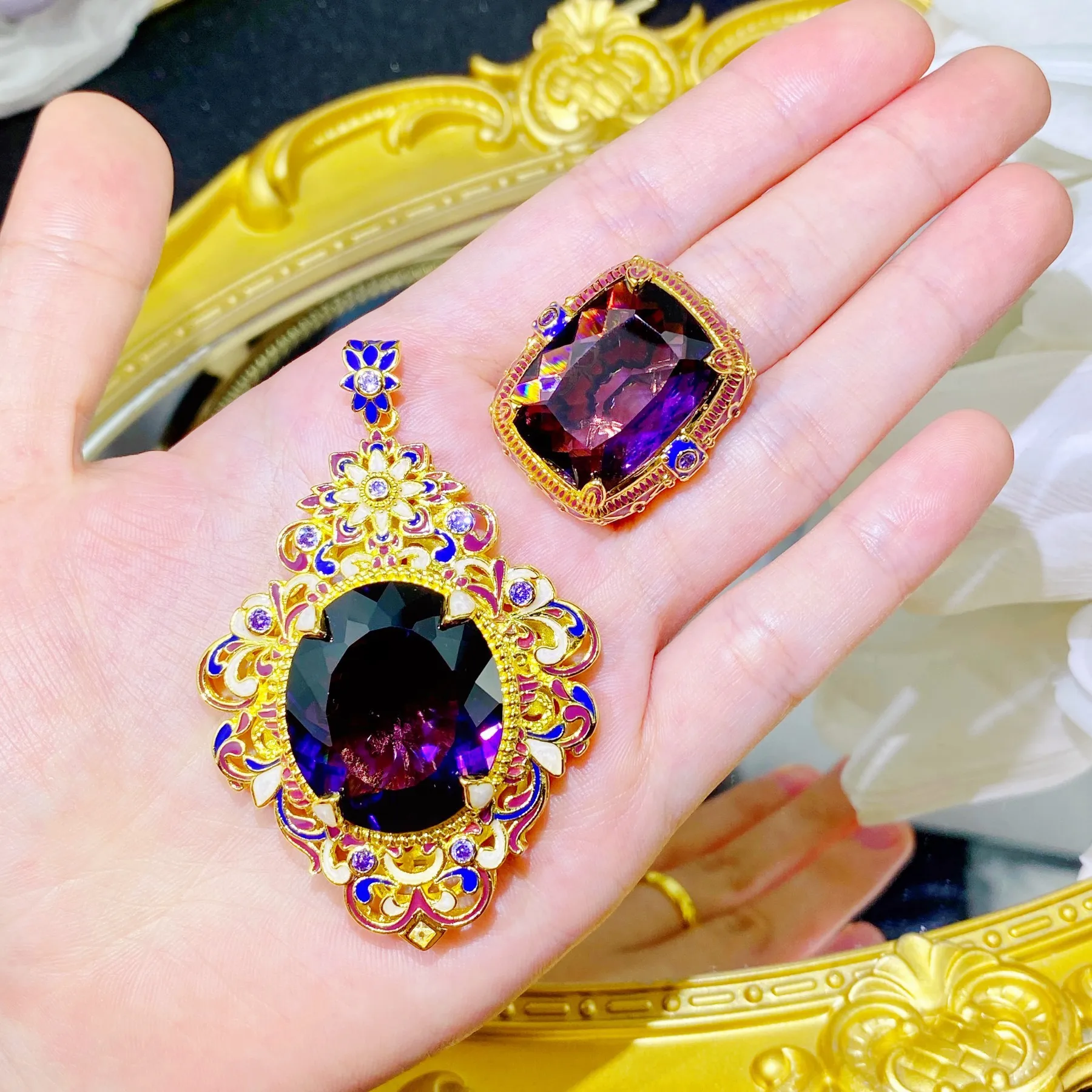 Sterling 925 Silver 18K Gold Color Jewelry Sets for Women Purple CZ Pendant Necklace Rings Fine Jewelry Anniversary Female Gift