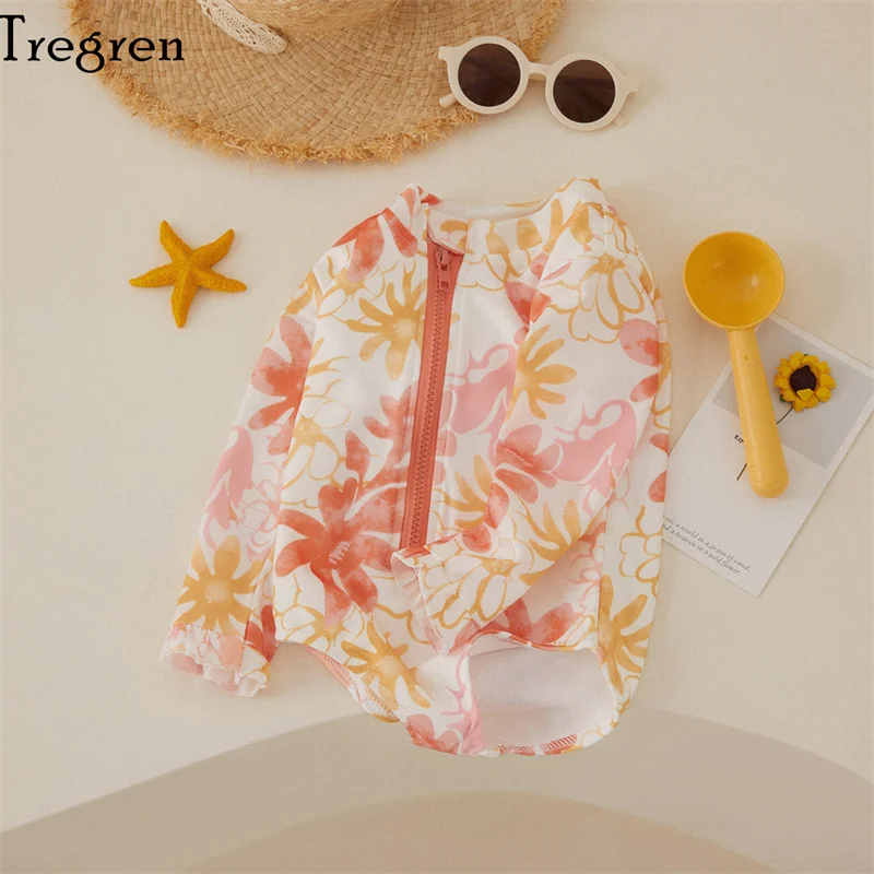 Tregren Toddler Girl’s Long Sleeve Swimsuit Fashion Flower Printing Zipper Round Neck Swimwear For Children 1-5Yrs