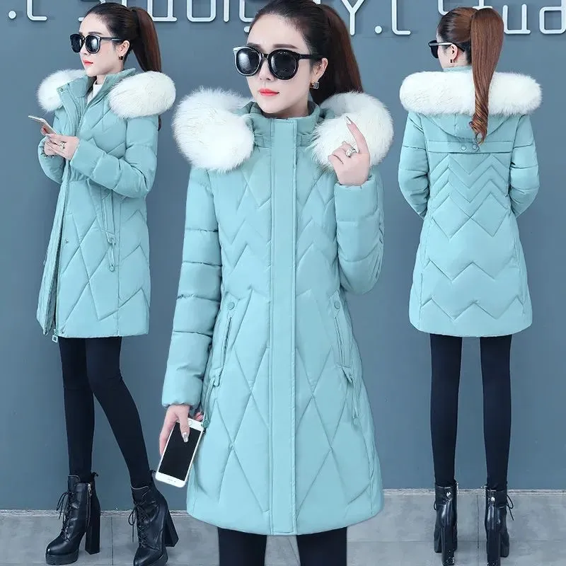 2023 New Winter Jacket Women Parka Big Fur Collar Hooded Thick Warm Long Female Coat Casual Outwear Down Cotton Jacket Parkas