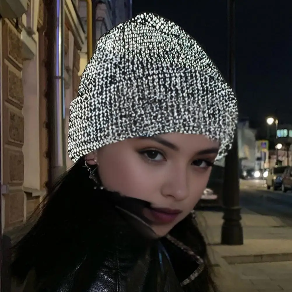 

Women's Knit Hat Reflective At Night High Elastic Folding Edge Dome Hip Hop Street Style Man Hat Winter Warm Headdress