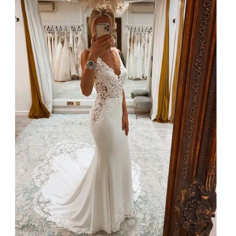 

Crepe Lace Boho Mermaid Wedding Dresses Deep V-neck Backless Buttons Bridal Gowns Court Train