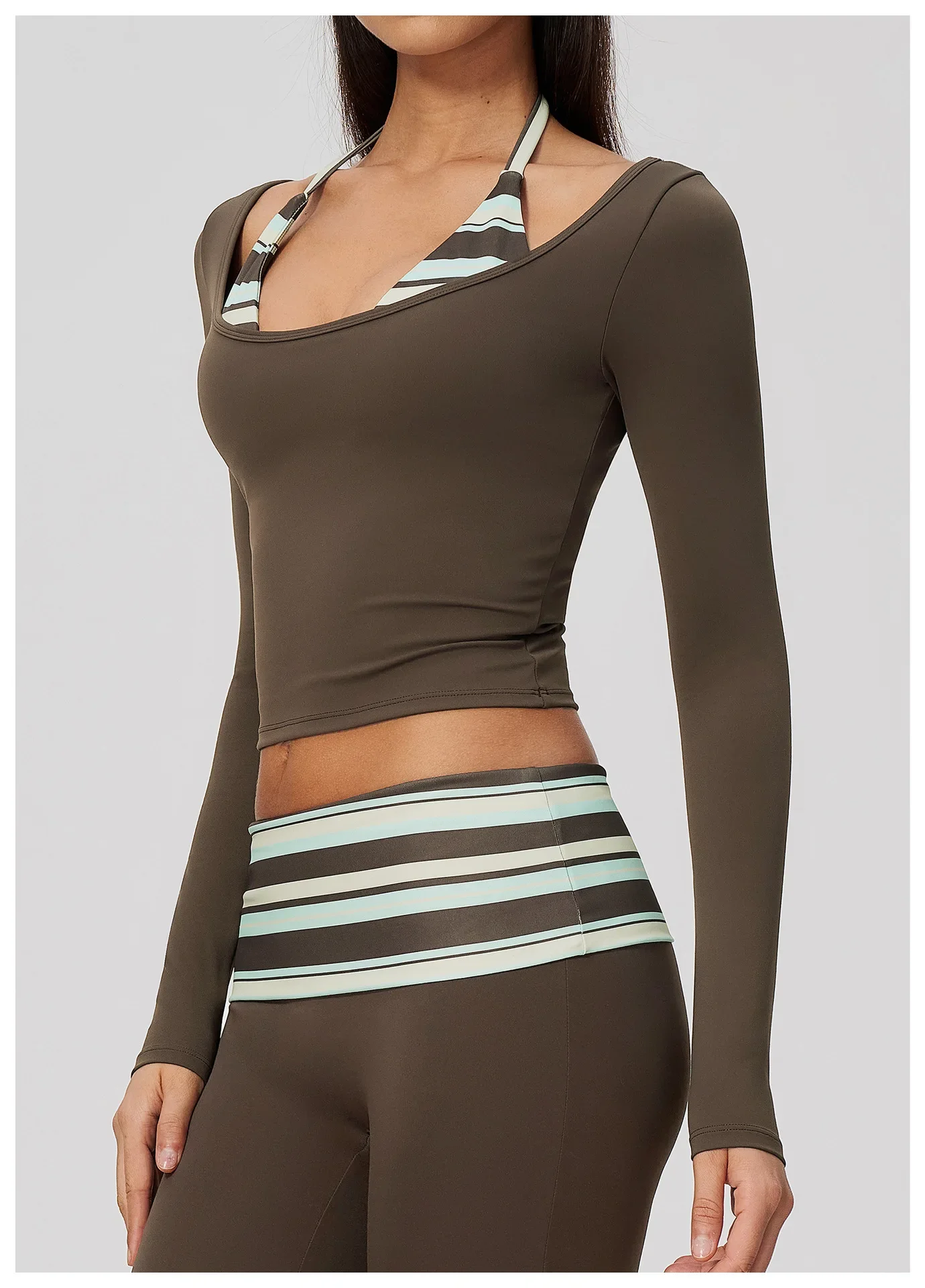 Yoga Langarm-Fitness-Top, Gym-Workout, Damen-Top mit Neckholder, Streifenmuster, kurzes, aktives Shirt, atmungsaktiv, für Sport und Training – Detail 20