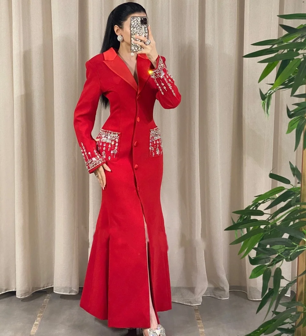 Customized Exquisite Jersey Pleat Sequined Button Trumpet V-neck Midi Dresses Bespoke Occasion Fashion Sizes Available