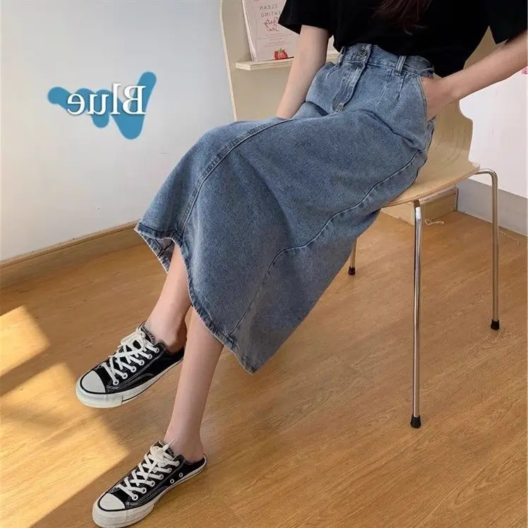 Spring and Summer Leisure Commuting Split Denim Mid Length High Waisted A-Line Slim Fit Waist Skirt with Wrapped Buttocks