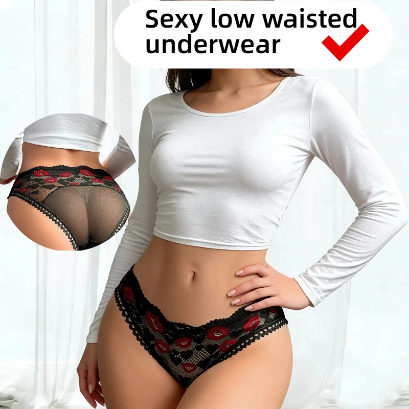 赤い唇黒中空レース下着ファッショナブルでセクシーなローウエスト下着快適で通気性のある女性下着新しい